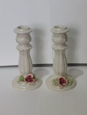 capodimonte candlesticks White Pink Floral 7x3" MCM  Victorian Style See Photos